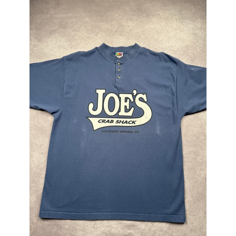 VTG Joes Crab Shack Henley Shirt Men L Blue Fruit of the Loom Lofteez Cotton 90s